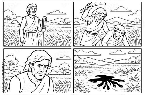 Biblical tale of cain and abel depicted in simplistic artistic scenes for educational use