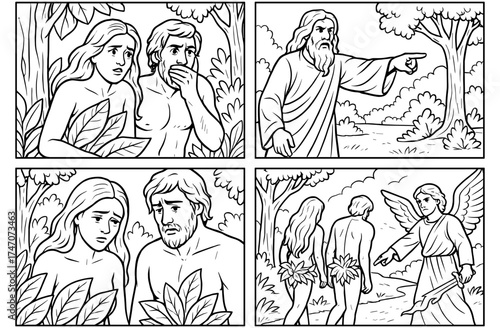 Biblical comic strip of adam and eve's expulsion from eden, monochrome line art for educational and religious materials