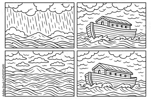 Biblical flood comic scene featuring ark and rainstorm - perfect for educational and religious content