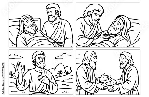 Biblical scenes of abraham's blessing in simple panel composition for educational design