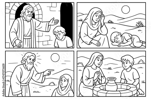 Hagar and ishmael expulsion biblical story in simple comic style for educational use