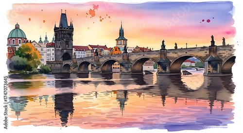 Charles Bridge in Prague Watercolor Painting at Sunset | Scenic European Cityscape Reflection on Vltava River for Travel and Tourism Marketing