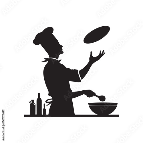 chef tossing pizza dough vector silhouette clip art logo design illustration