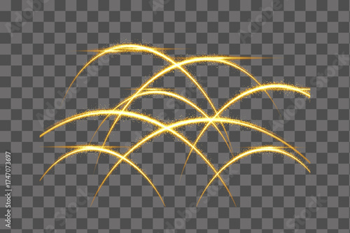 Glowing fiery light trails with sparkling golden curved lines motion isolated transparent background PNG