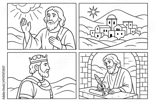 Biblical prophecy scenes in comic style for simple compositions and creative design