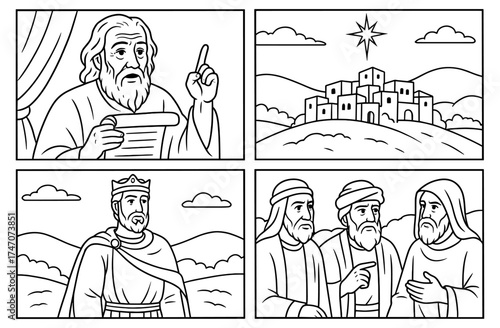 Biblical prophecy comic panel art featuring ancient scenes and figures for educational materials
