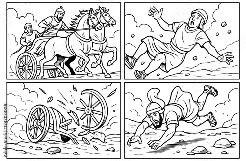 Dramatic biblical chariot catastrophe scene with horses and soldiers for historical comic design
