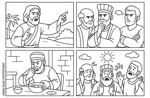 Biblical scenes: micah's bold accusation and reactions in line art panels for religious education or storytelling