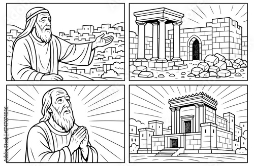 Biblical comic panels with historic temples and figures for religious education design