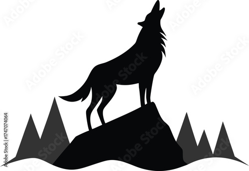 Silhouette of a wolf howling on a rock with pine trees in the background silhouette isolated on white background isolated on transparent background