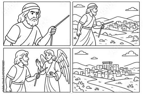 Biblical comic scenes depicting jerusalem and angelic encounter for educational design projects