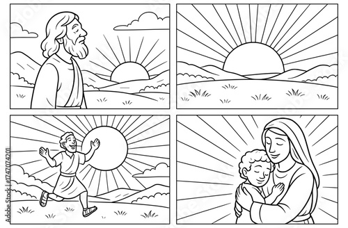Righteous sun comic scenes for inspirational religious storytelling or spiritual artwork