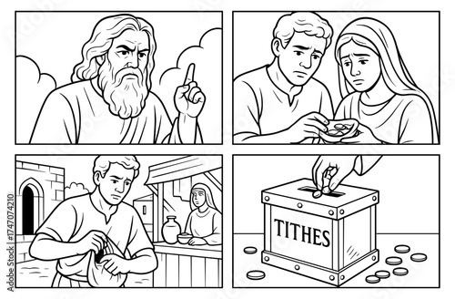 Biblical comic panels depicting faith and tithing with expressive characters for spiritual narratives