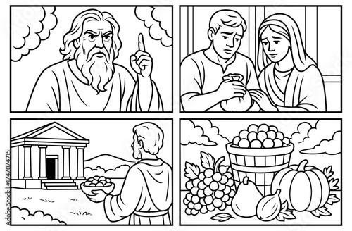 Biblical comic panels depicting ancient stories for educational and religious design