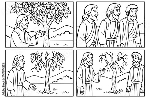 Biblical story of jesus and the fig tree in simple black and white comic style