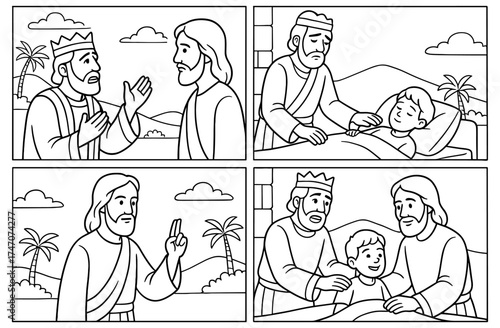 Miracle of healing: biblical scenes depicting compassion and faith for coloring or educational use
