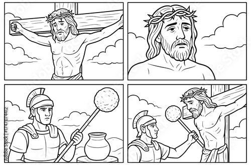 Biblical comic panels depicting crucifixion scene for religious education and reflection