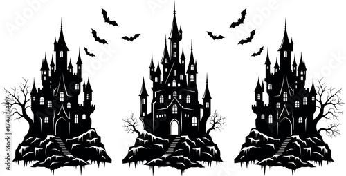 Gothic castle silhouette illustration, three spired fortresses on rocky cliffs, bats flying above twisted trees, spooky Halloween fantasy scene in black and white