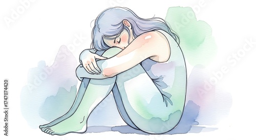 Depressed Woman Hugging Knees Watercolor Illustration | Sadness and Mental Health Concept for Awareness Campaigns and Well-being Education