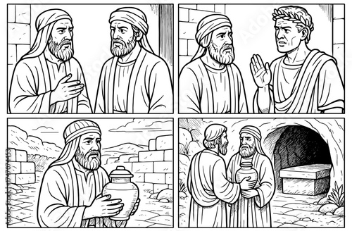 Biblical comic panels illustrate historic conversations and ancient scenes for religious storytelling