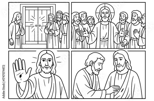 Depiction of jesus entering locked doors with disciples in biblical scene for religious education