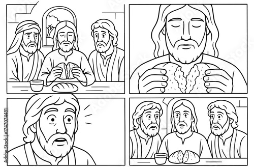 Emmaus bread comic panels depicting biblical story with simple composition for religious education