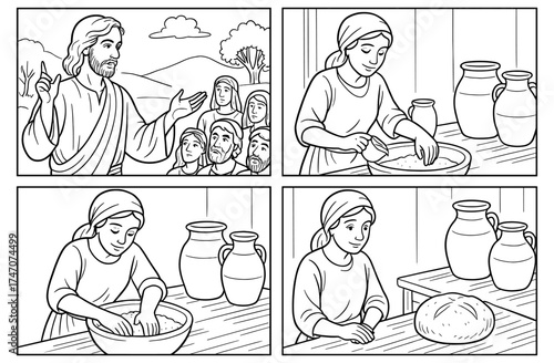 Biblical leavening process depiction in four panels