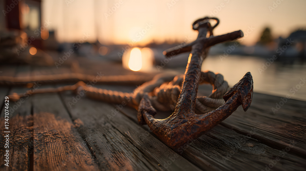 Obraz premium Ultra HD Old rusty anchor with rope on a wooden pier at sunset, boats in the background image