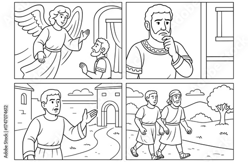 Cornelius' divine encounter in biblical comic panels for educational and religious narration