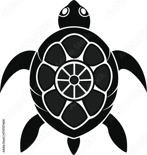 Stylized black silhouette of a sea turtle with intricate shell pattern isolated on white background isolated on transparent background
