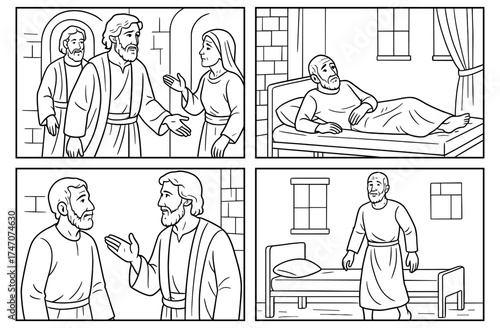 Biblical scene of healing miracle with peter and aeneas for faith-based design