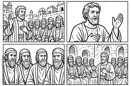 Biblical scene of peter speaking to disciples in ancient setting for graphic design