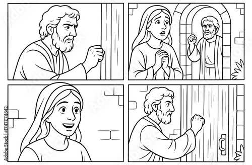 Biblical scene of peter knocking at the door for children’s educational content or bible study