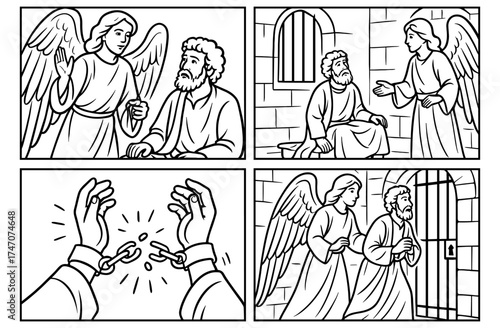 Angel liberates imprisoned peter in biblical scene for faith-based art and education