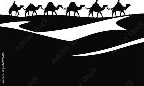Vector silhouette camel caravan traveling through desert landscape illustration