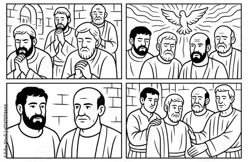 Biblical scene of antioch church fasting and prayer with simple composition for religious study