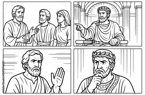 Biblical comic scene with historical figures for spiritual education comics or teaching illustrations