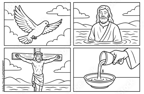 Biblical comic panels: baptism, crucifixion, dove symbol, and water ceremony for religious education