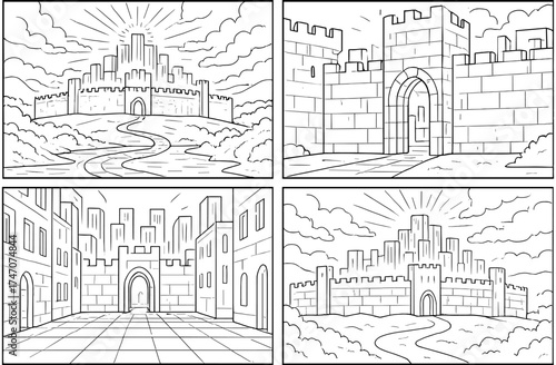Serene heavenly cityscape featuring majestic castles and scenic pathways for design and print use