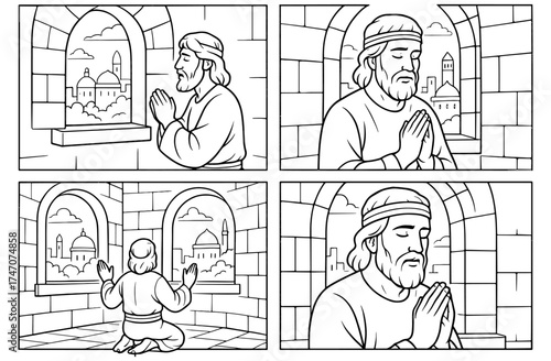 Spiritual reflection: daniel's prayer panels scene for devotional designs and religious education
