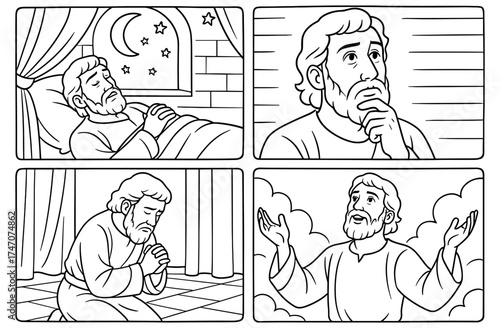Daniel's spiritual revelation at night with prayer and contemplation scenes for religious education