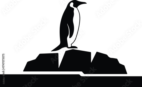 Vector silhouette emperor penguin on rock illustration