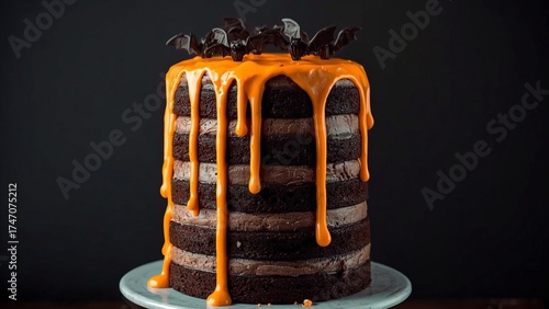 Halloween Chocolate Cake with Dripping Orange Icing and Edible Bat Toppers.
