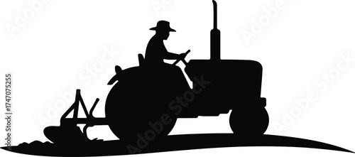 Vector silhouette farmer plowing field with vintage tractor illustration
