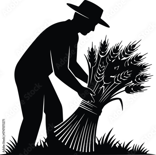 Vector silhouette farmer harvesting wheat sheaf in field illustration