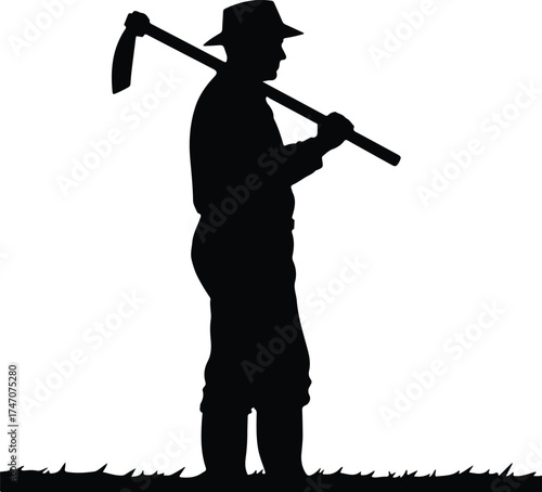 Vector silhouette farmer standing with hoe on shoulder illustration