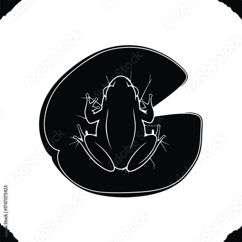 Vector silhouette frog sitting on lily pad top view illustration