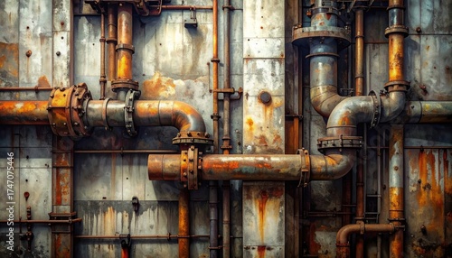 Close up of industrial pipes and fittings corrosion texture background