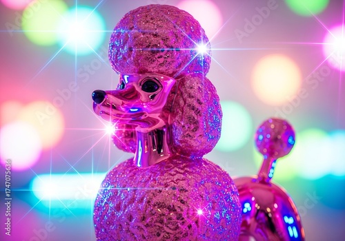 Sparkling pink poodle figurine with colorful bokeh lights in kitsch style