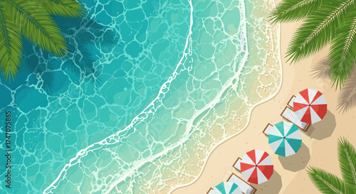 Dreamy tropical beach paradise with clear turquoise water and colorful umbrellas for a relaxing vacation getaway experience
